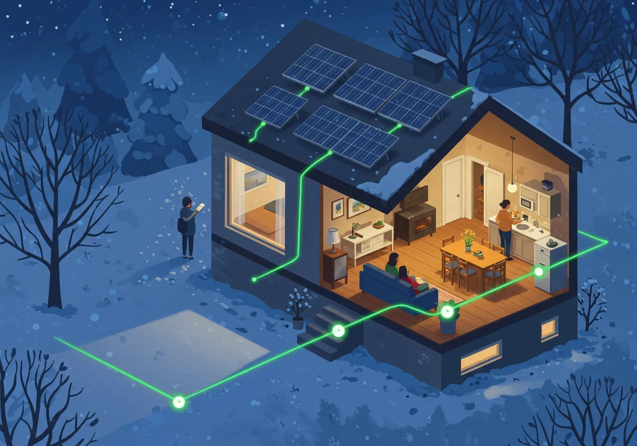 Ilustración de una casa con placas solares en invierno, mostrando cómo la energía solar abastece el interior cálido y confortable, simbolizando el autoconsumo invernal.