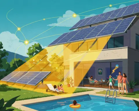 Ilustración de una familia disfrutando de su piscina, que funciona con la energía de las placas solares del tejado, simbolizando el autoconsumo en verano.