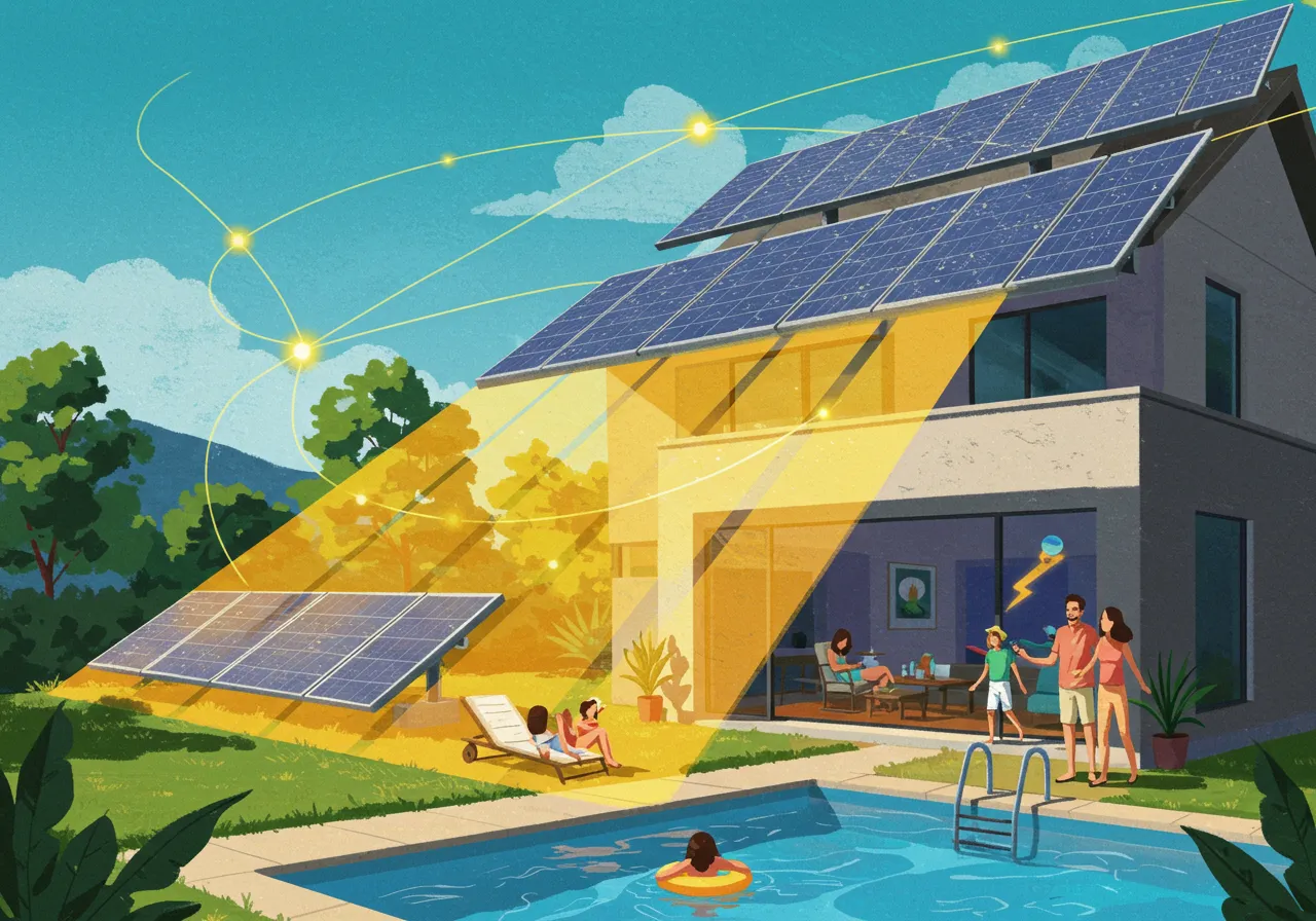 Ilustración de una familia disfrutando de su piscina, que funciona con la energía de las placas solares del tejado, simbolizando el autoconsumo en verano.