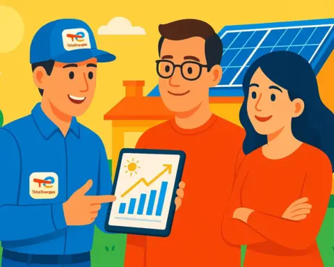 Ilustración de un técnico de TotalEnergies mostrando un proyecto solar en una tablet a una pareja de clientes, con su casa y las placas ya instaladas al fondo.
