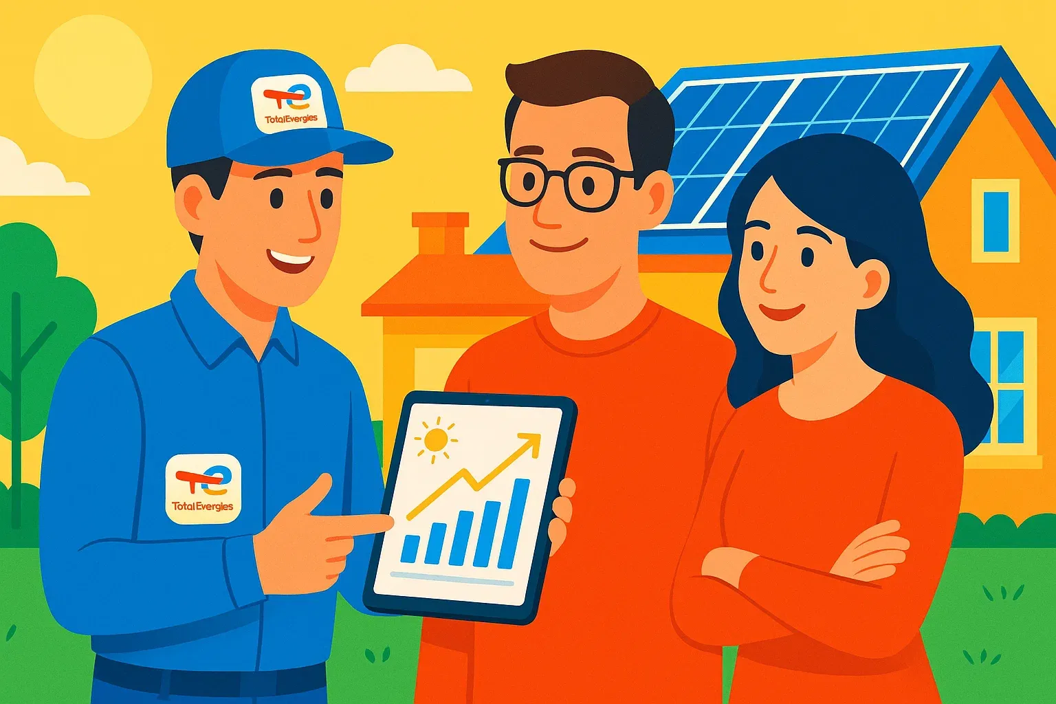 Ilustración de un técnico de TotalEnergies mostrando un proyecto solar en una tablet a una pareja de clientes, con su casa y las placas ya instaladas al fondo.