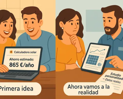 Comparativa entre una pareja feliz viendo una estimación de ahorro en un portátil y otra pareja recibiendo un estudio personalizado por parte de un asesor.