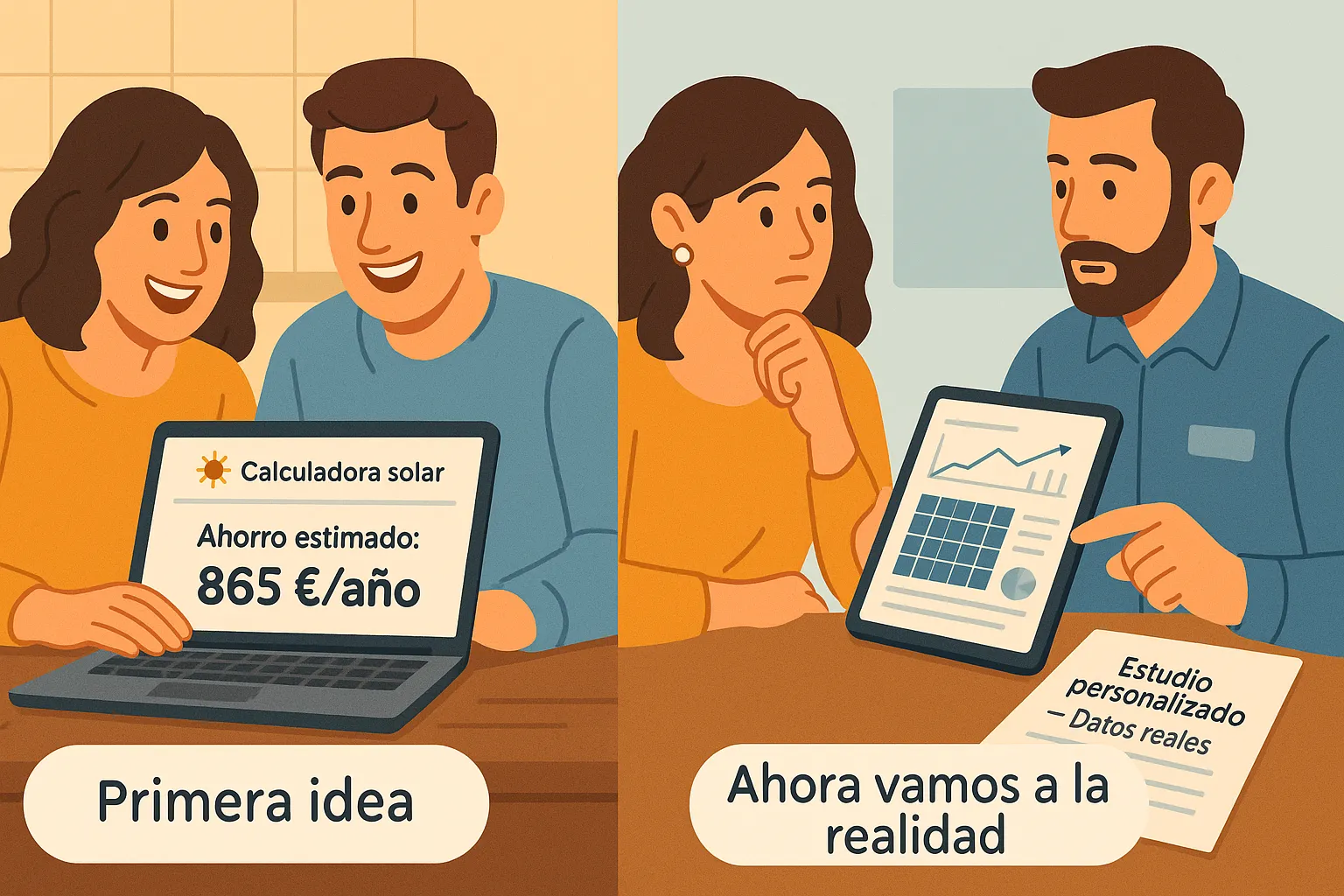 Comparativa entre una pareja feliz viendo una estimación de ahorro en un portátil y otra pareja recibiendo un estudio personalizado por parte de un asesor.