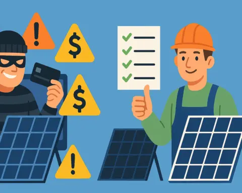 Ilustración dividida en dos: a la izquierda, estafador con pasamontañas y gafas, rodeado de símbolos de advertencia y paneles solares de baja calidad; a la derecha, instalador confiable con casco y pulgar hacia arriba, acompañado de un panel solar de calidad y marcas de verificación que indican buenas prácticas.