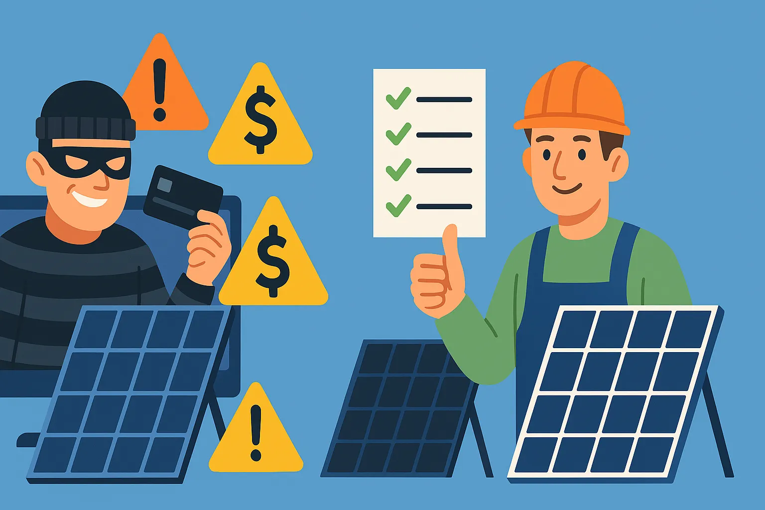 Ilustración dividida en dos: a la izquierda, estafador con pasamontañas y gafas, rodeado de símbolos de advertencia y paneles solares de baja calidad; a la derecha, instalador confiable con casco y pulgar hacia arriba, acompañado de un panel solar de calidad y marcas de verificación que indican buenas prácticas.
