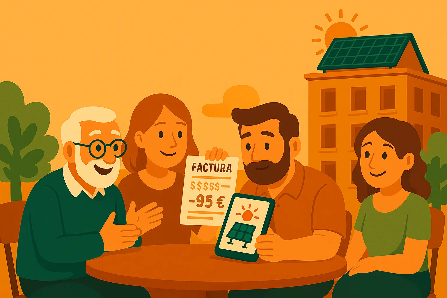 Grupo de vecinos sonrientes mostrando una factura eléctrica reducida junto a un edificio con placas solares en el tejado.