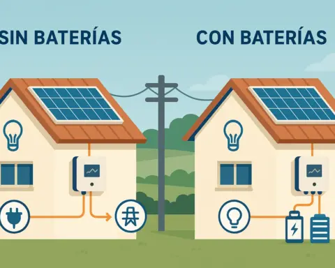 Comparativa visual entre una casa con instalación solar sin baterías y otra con baterías, destacando el flujo de energía y el uso almacenado.