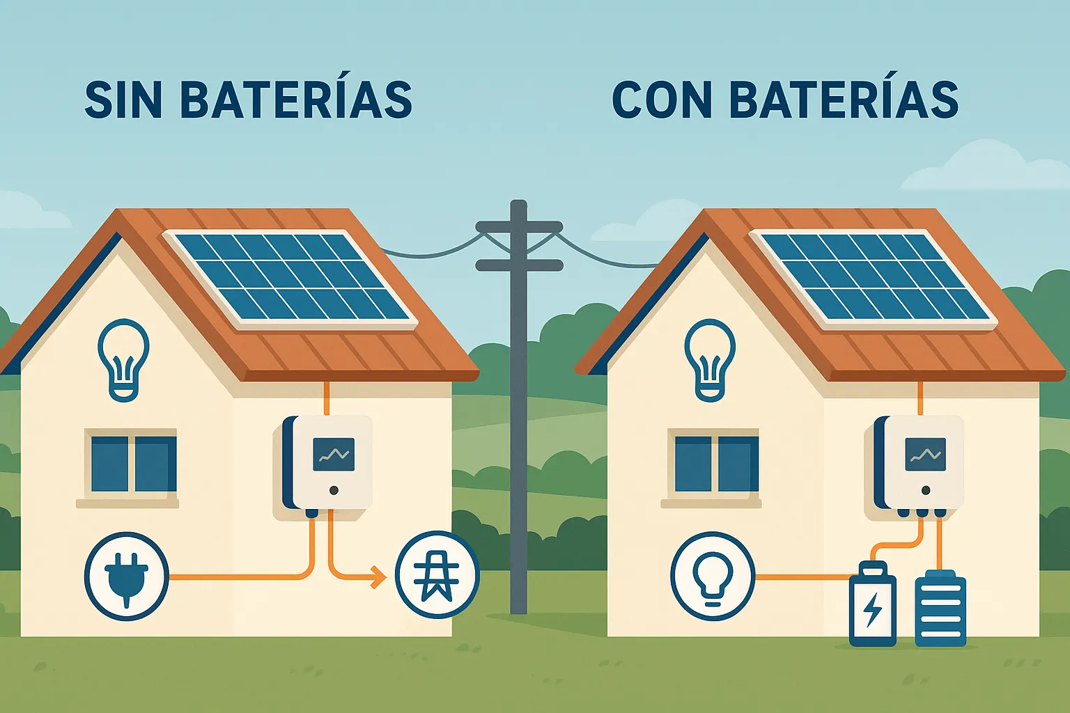 Comparativa visual entre una casa con instalación solar sin baterías y otra con baterías, destacando el flujo de energía y el uso almacenado.