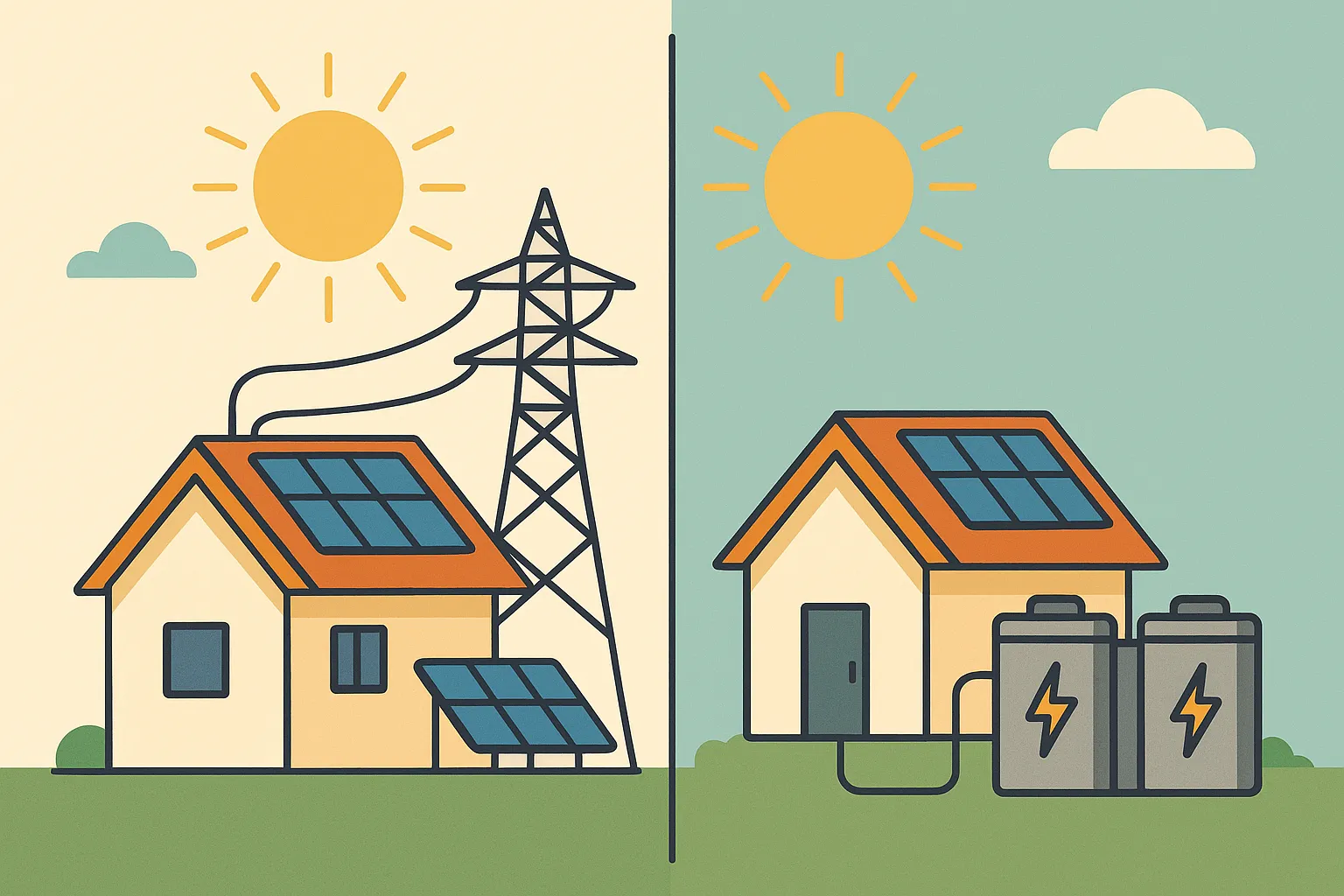 Ilustración plana comparativa de autoconsumo solar conectado a red versus aislado: a la izquierda, casa con paneles solares conectada a una torre eléctrica; a la derecha, vivienda con paneles y baterías sin conexión externa, todo bajo un sol brillante y cielo despejado.