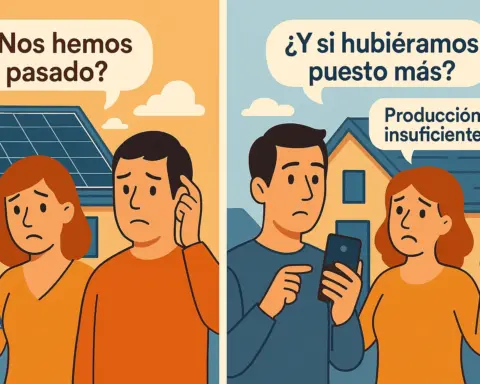 Pareja frente a una casa con paneles solares, expresando dudas sobre si han instalado demasiadas o muy pocas placas.