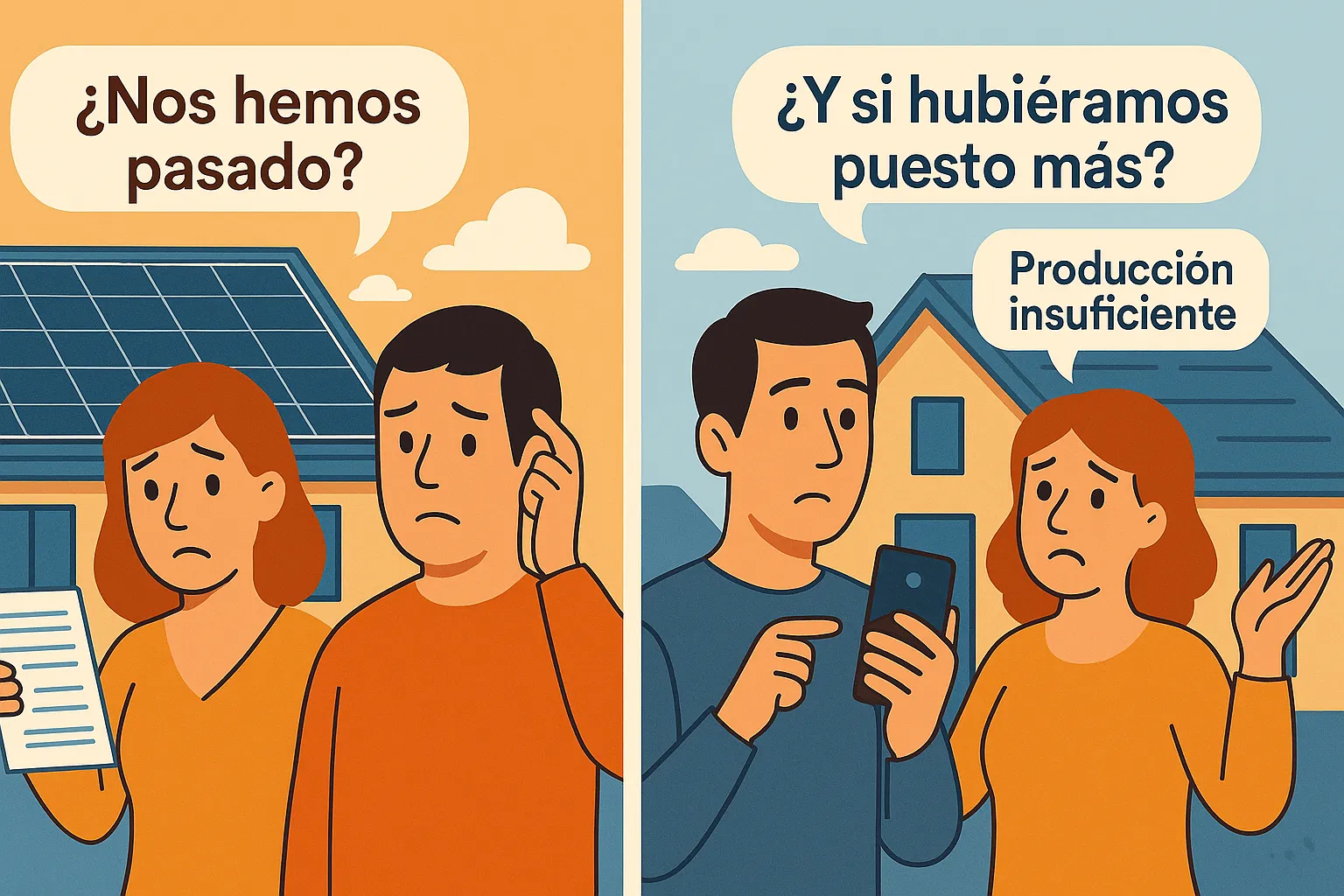Pareja frente a una casa con paneles solares, expresando dudas sobre si han instalado demasiadas o muy pocas placas.