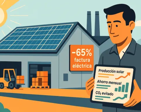 Hombre con uniforme observando un gráfico de ahorro energético frente a una nave industrial cubierta con paneles solares.
