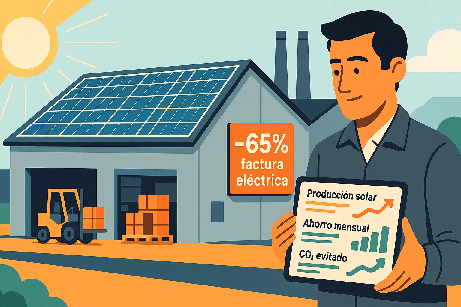 Hombre con uniforme observando un gráfico de ahorro energético frente a una nave industrial cubierta con paneles solares.