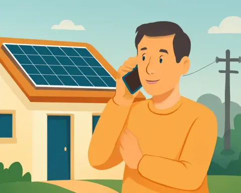 Hombre de pie frente a su casa con paneles solares en el tejado, hablando por teléfono con su comercializadora eléctrica.