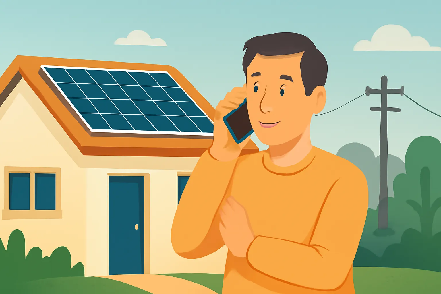 Hombre de pie frente a su casa con paneles solares en el tejado, hablando por teléfono con su comercializadora eléctrica.