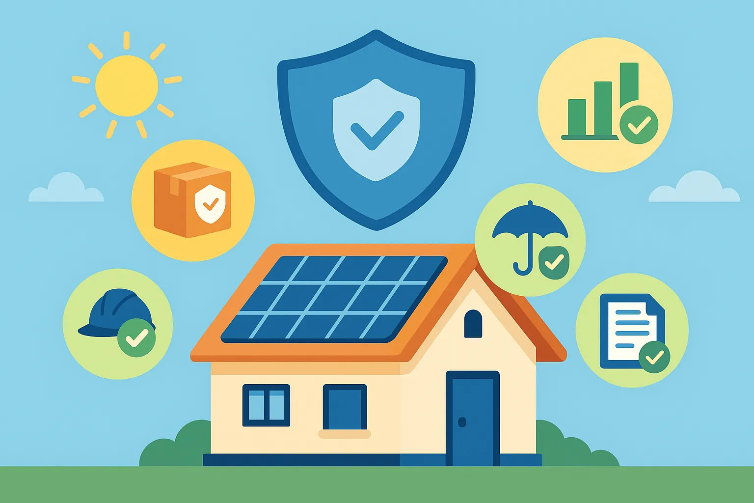 Ilustración plana de una casa con paneles solares y un gran escudo protector encima, rodeada de iconos circulares que representan garantías de producto (caja con símbolo de cheque), garantía de instalación (casco con cheque), seguro contra daños meteorológicos (paraguas con cheque), rendimiento garantizado (gráfico con cheque) y documentación legal (documento con cheque).