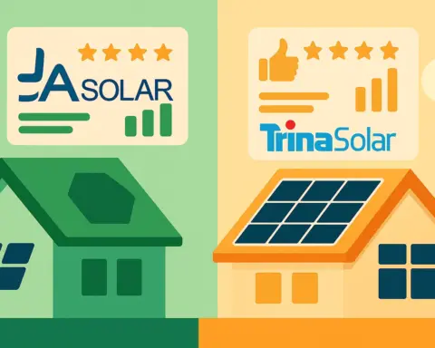 Ilustración comparativa en formato horizontal que muestra dos mitades: a la izquierda, fondo verde con el logo de JA Solar sobre un recuadro que incluye estrellas de valoración, gráfico ascendente y barras de texto, encima de una casa verde con paneles solares; a la derecha, fondo naranja con el logo de Trina Solar sobre un recuadro similar con íconos de pulgar arriba, estrellas y gráfico, encima de una casa naranja con paneles solares, representando la comparación de opiniones y rendimiento de ambas marcas.