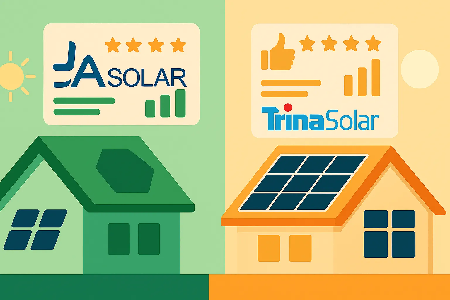 Ilustración comparativa en formato horizontal que muestra dos mitades: a la izquierda, fondo verde con el logo de JA Solar sobre un recuadro que incluye estrellas de valoración, gráfico ascendente y barras de texto, encima de una casa verde con paneles solares; a la derecha, fondo naranja con el logo de Trina Solar sobre un recuadro similar con íconos de pulgar arriba, estrellas y gráfico, encima de una casa naranja con paneles solares, representando la comparación de opiniones y rendimiento de ambas marcas.