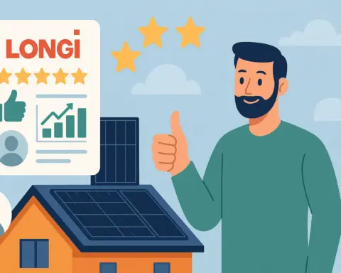 Ilustración plana de una casa con ocho paneles solares Longi en su tejado y un usuario sonriente mostrando un pulgar arriba junto a una tarjeta de reseña con cinco estrellas, gráfico ascendente y el logo de Longi, representando opiniones positivas sobre rendimiento y fiabilidad.