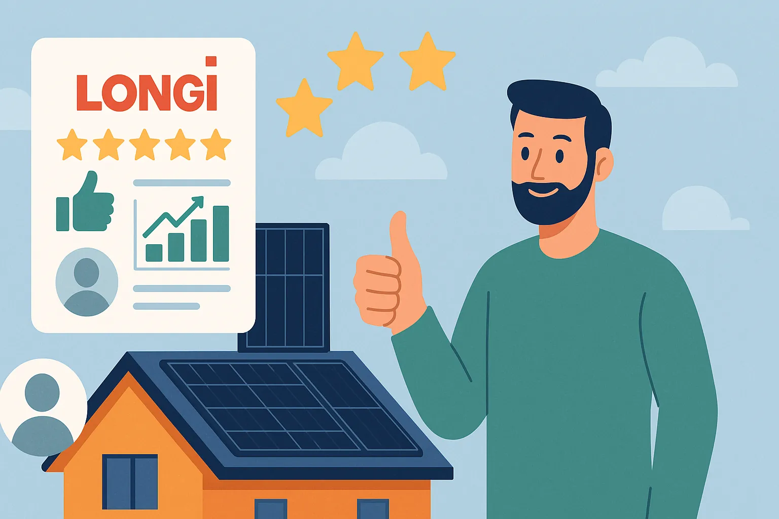 Ilustración plana de una casa con ocho paneles solares Longi en su tejado y un usuario sonriente mostrando un pulgar arriba junto a una tarjeta de reseña con cinco estrellas, gráfico ascendente y el logo de Longi, representando opiniones positivas sobre rendimiento y fiabilidad.