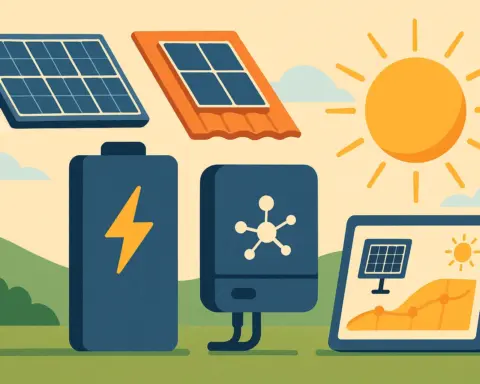 Ilustración plana de novedades tecnológicas en autoconsumo solar: panel solar PERC/TopCon, panel bifacial y teja solar BIPV, batería de almacenamiento con icono de rayo, inversor inteligente con red de conexiones, pantalla de monitorización mostrando producción y gráfico de rendimiento, todo con un sol brillante y paisaje verde de fondo.