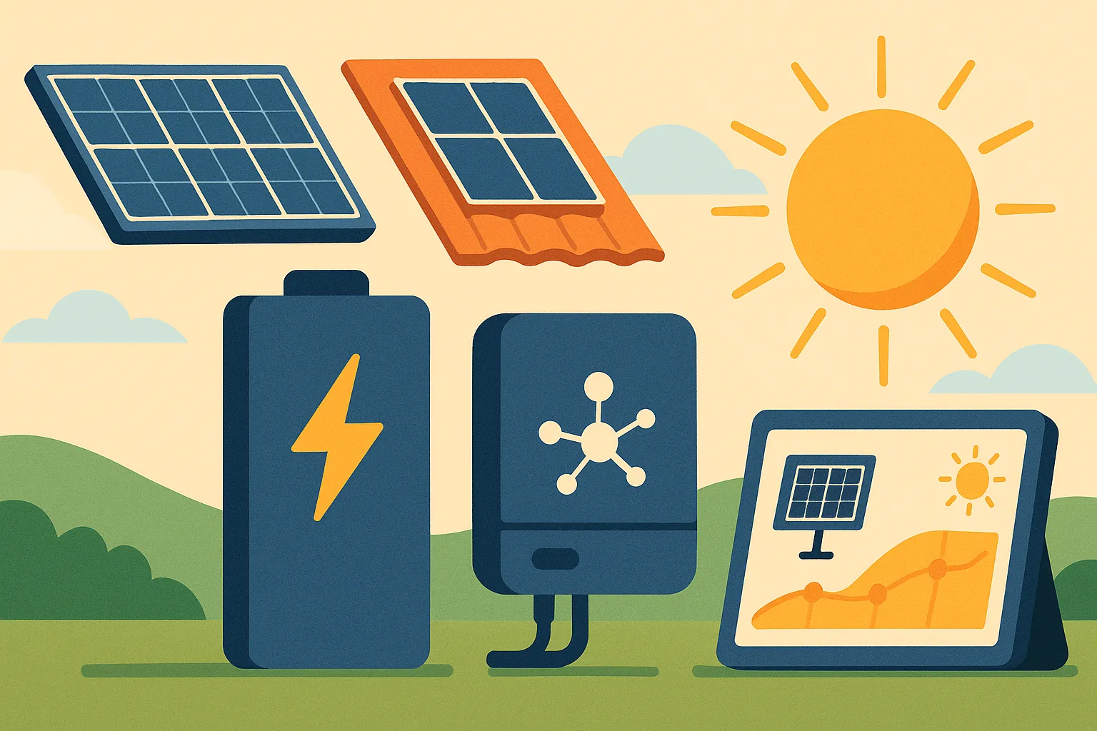 Ilustración plana de novedades tecnológicas en autoconsumo solar: panel solar PERC/TopCon, panel bifacial y teja solar BIPV, batería de almacenamiento con icono de rayo, inversor inteligente con red de conexiones, pantalla de monitorización mostrando producción y gráfico de rendimiento, todo con un sol brillante y paisaje verde de fondo.