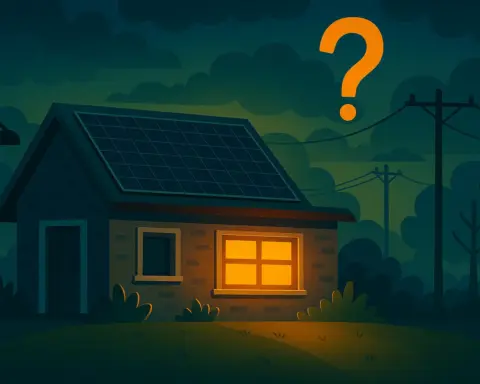 Ilustración nocturna de una casa con placas solares iluminada internamente, mientras el vecindario permanece apagado por un corte de luz en la red eléctrica.