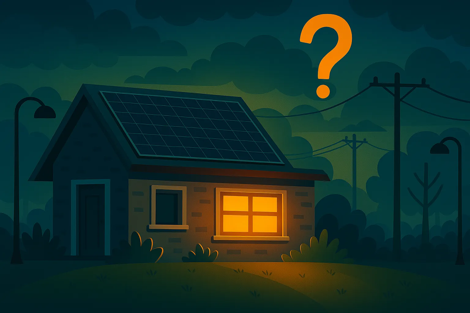 Ilustración nocturna de una casa con placas solares iluminada internamente, mientras el vecindario permanece apagado por un corte de luz en la red eléctrica.