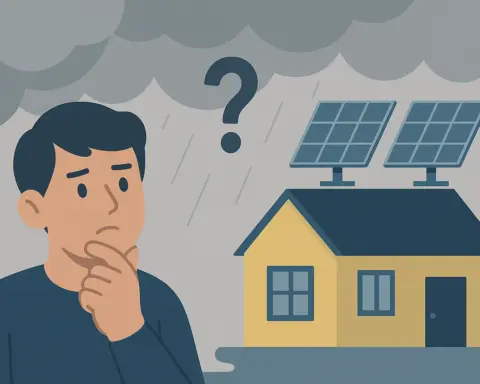 Hombre pensativo bajo un cielo nublado y lluvioso frente a una casa con paneles solares, simbolizando la duda sobre la generación de energía solar sin sol