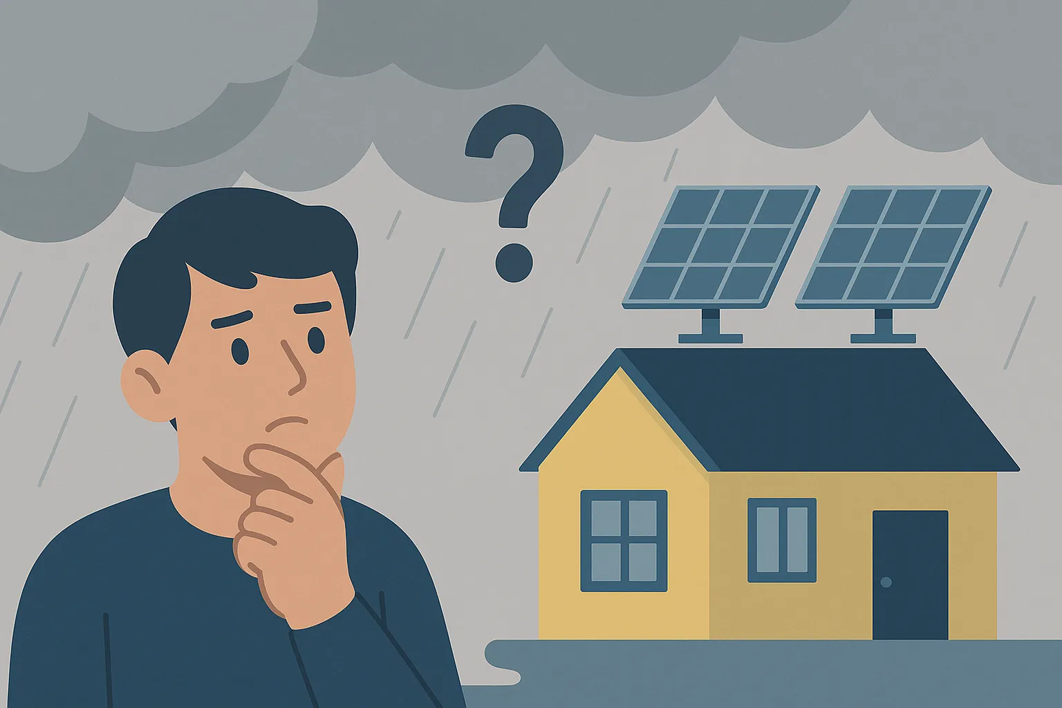 Hombre pensativo bajo un cielo nublado y lluvioso frente a una casa con paneles solares, simbolizando la duda sobre la generación de energía solar sin sol