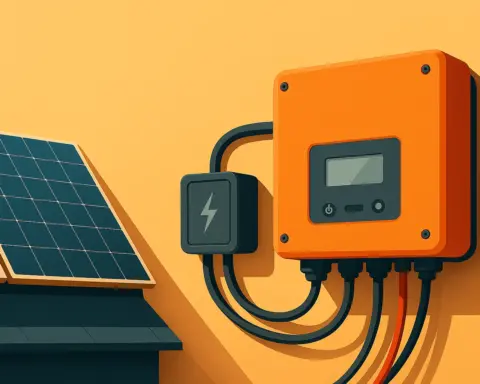 Primer plano de un inversor solar naranja conectado a una instalación fotovoltaica en la fachada de una casa.