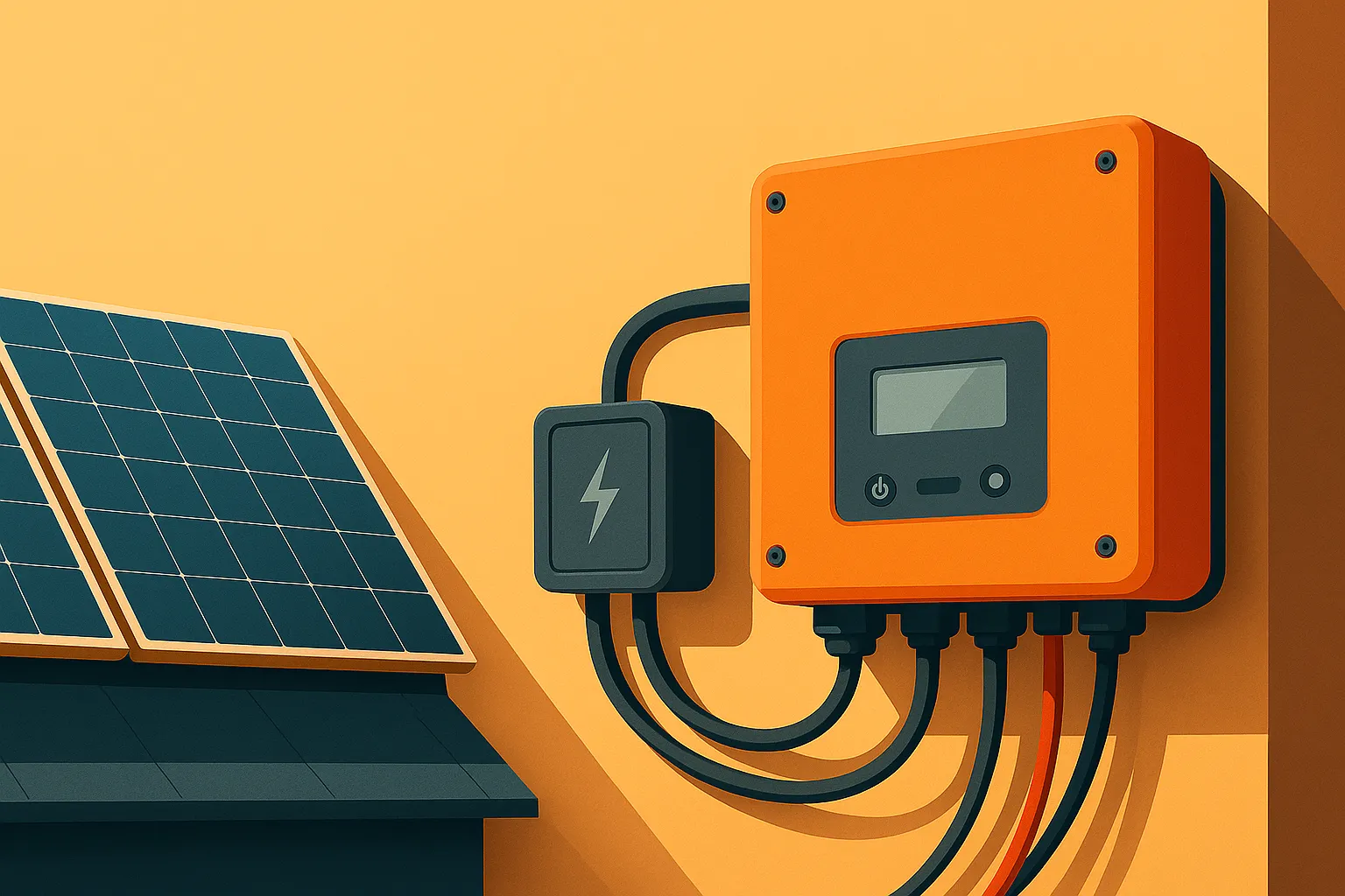 Primer plano de un inversor solar naranja conectado a una instalación fotovoltaica en la fachada de una casa.