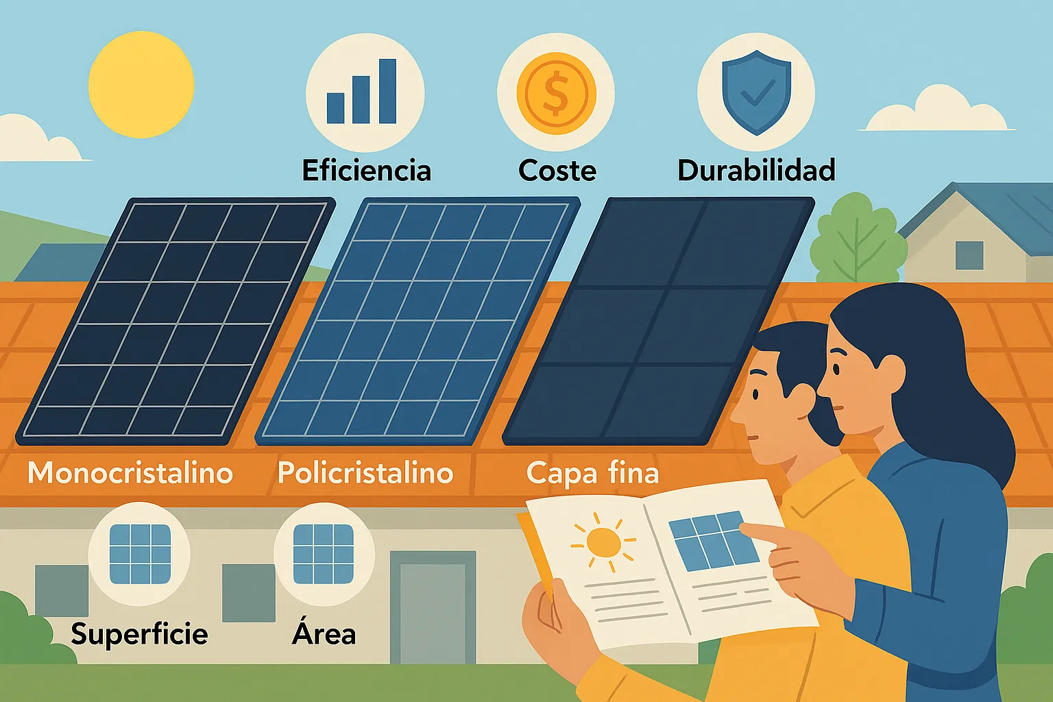 Comparación ilustrada de paneles solares monocristalinos, policristalinos y de capa fina con indicadores de eficiencia, coste y durabilidad.
