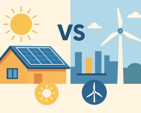 Ilustración plana comparativa de autoconsumo solar vs eólica doméstica: a la izquierda, casa con paneles solares bajo un sol brillante; a la derecha, aerogenerador junto a un gráfico de barras representando producción de energía.