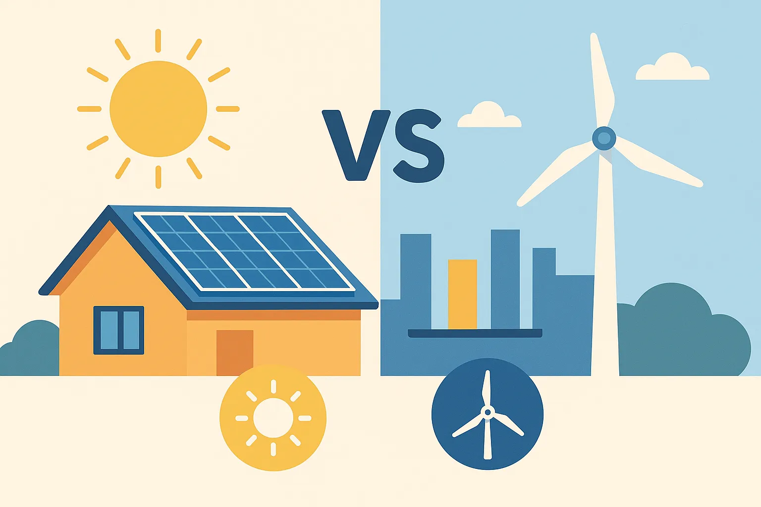 Ilustración plana comparativa de autoconsumo solar vs eólica doméstica: a la izquierda, casa con paneles solares bajo un sol brillante; a la derecha, aerogenerador junto a un gráfico de barras representando producción de energía.