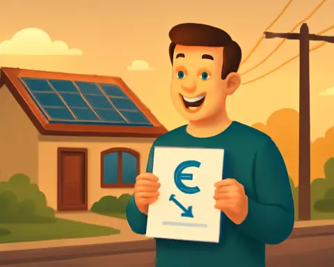 Hombre feliz con factura en mano frente a su casa con placas solares en el tejado y línea eléctrica en la calle, mostrando ahorro por excedentes de autoconsumo solar en España