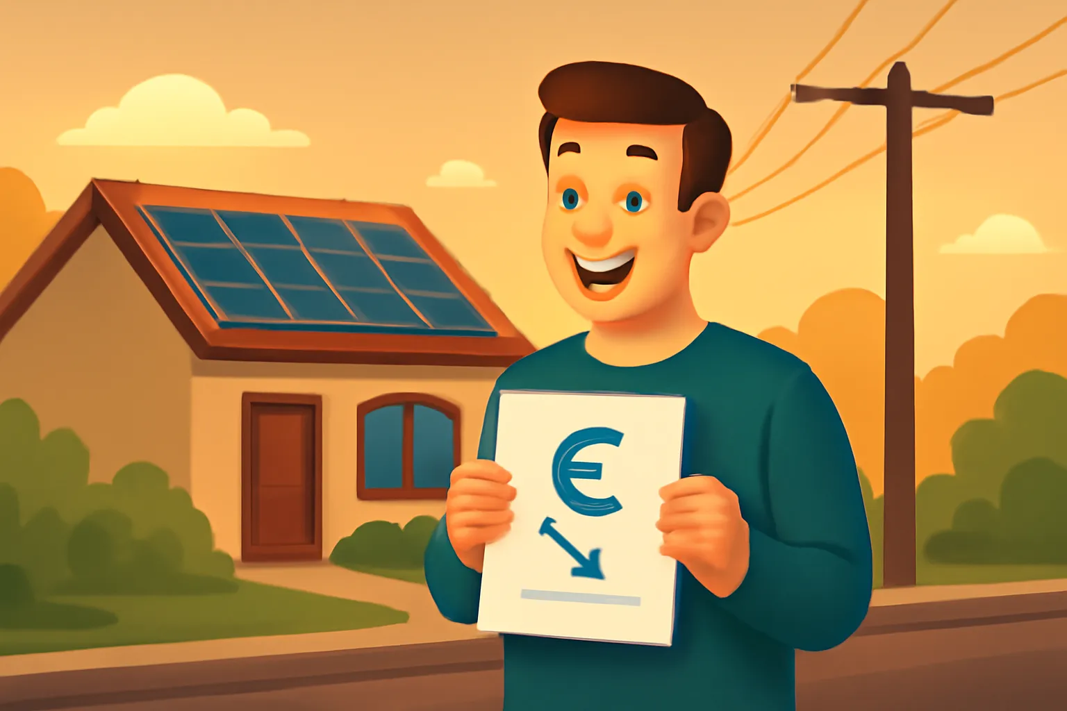 Hombre feliz con factura en mano frente a su casa con placas solares en el tejado y línea eléctrica en la calle, mostrando ahorro por excedentes de autoconsumo solar en España