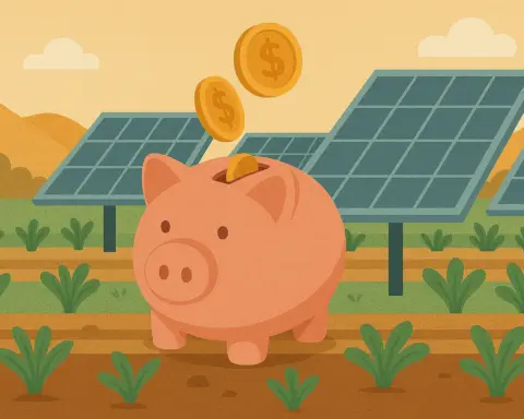 Hucha rosa en un campo con cultivos y paneles solares, recibiendo monedas desde arriba.