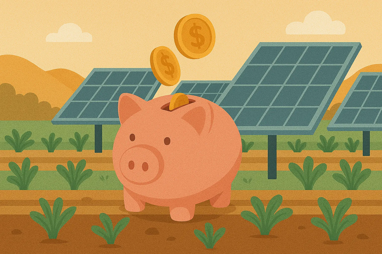 Hucha rosa en un campo con cultivos y paneles solares, recibiendo monedas desde arriba.