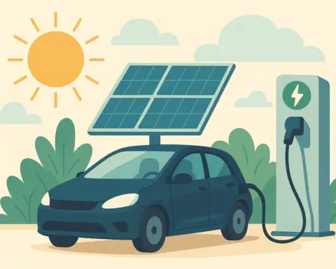 Coche eléctrico cargando con energía solar bajo el sol, conectado a estación de carga ecológica en un entorno natural