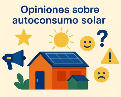 Casa con placas solares rodeada de iconos de opinión estrella, altavoz, caritas, sol y signos