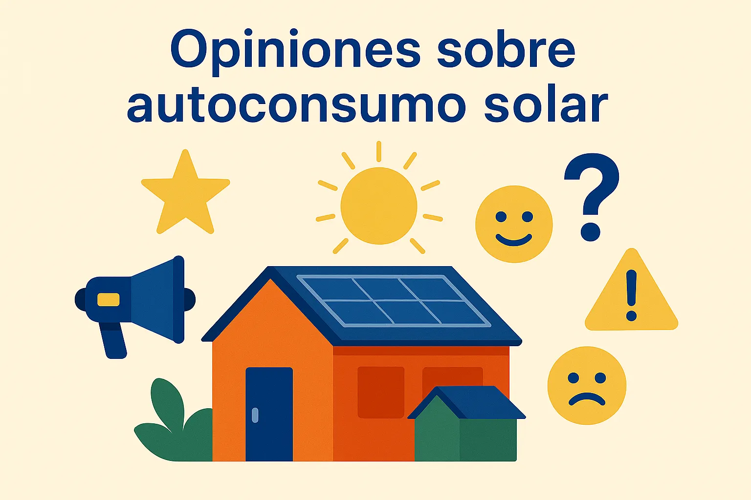 Casa con placas solares rodeada de iconos de opinión estrella, altavoz, caritas, sol y signos