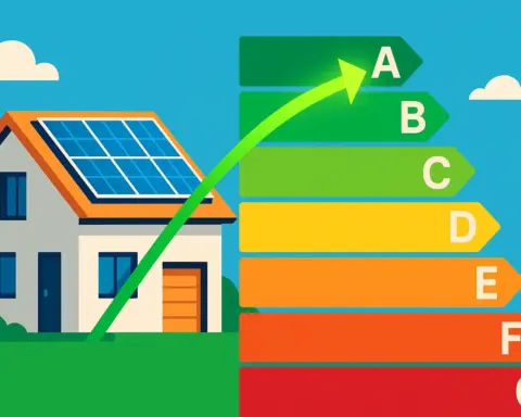 Ilustración conceptual donde la energía de las placas solares de una casa mejora su certificado de eficiencia energética, moviendo el indicador de la letra E a la B.