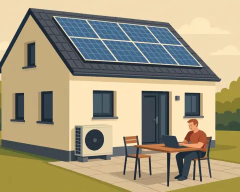 Ilustración de casa moderna con placas solares y bomba de calor, hombre trabajando en jardín exterior