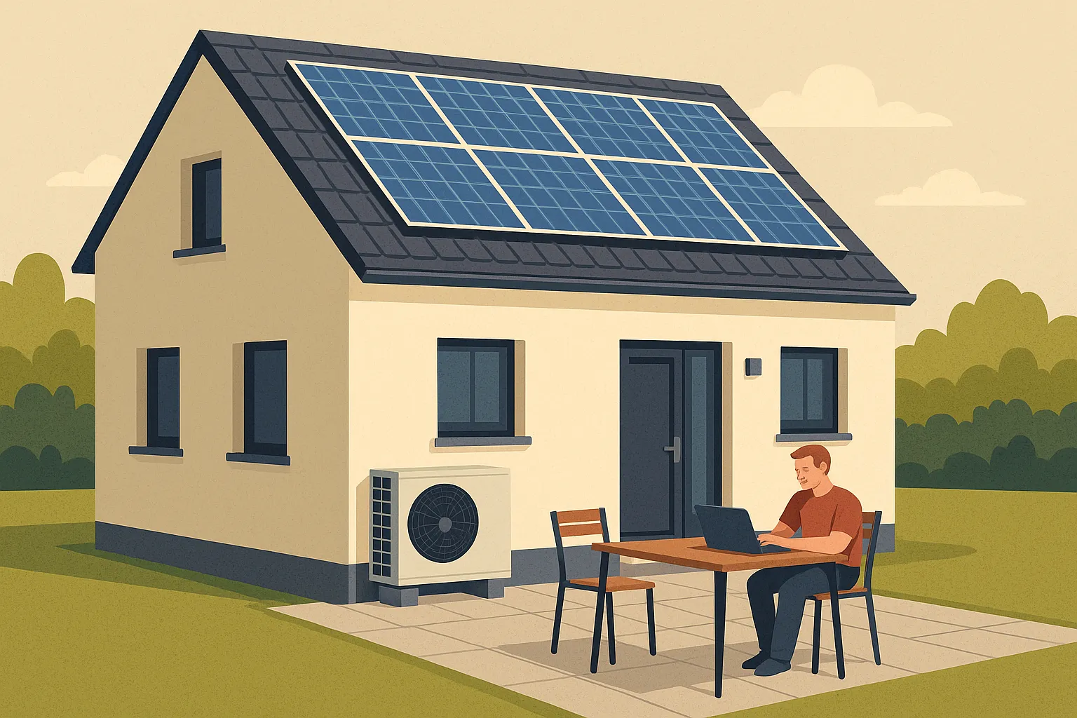 Ilustración de casa moderna con placas solares y bomba de calor, hombre trabajando en jardín exterior