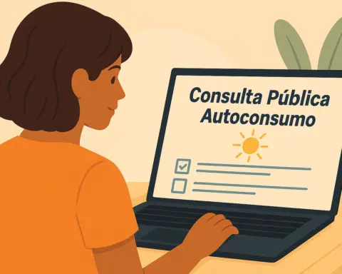 Mujer de espaldas y ligeramente de perfil usando su portátil para participar en una consulta pública sobre autoconsumo solar.