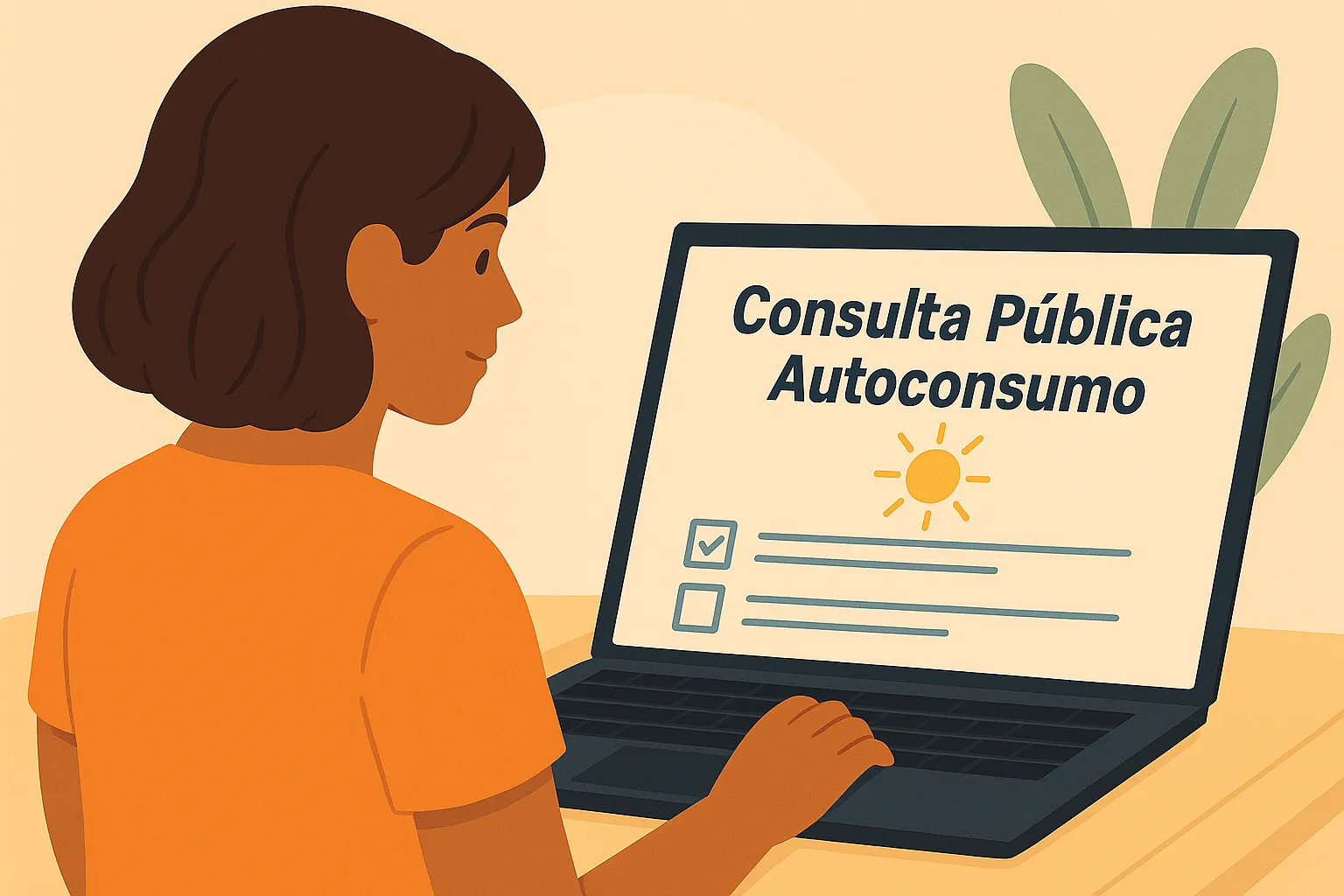 Mujer de espaldas y ligeramente de perfil usando su portátil para participar en una consulta pública sobre autoconsumo solar.