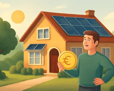 Ilustración digital en estilo moderno que muestra a un hombre observando una moneda con símbolo de euro (€) frente a una casa con paneles solares en el tejado, representando el concepto de ahorro y amortización del autoconsumo solar.