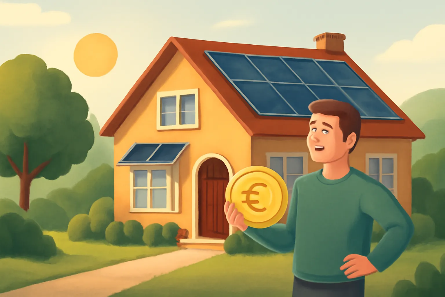 Ilustración digital en estilo moderno que muestra a un hombre observando una moneda con símbolo de euro (€) frente a una casa con paneles solares en el tejado, representando el concepto de ahorro y amortización del autoconsumo solar.