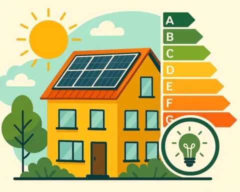 Casa con paneles solares y certificación energética, mostrando eficiencia desde A (verde) hasta G (rojo).